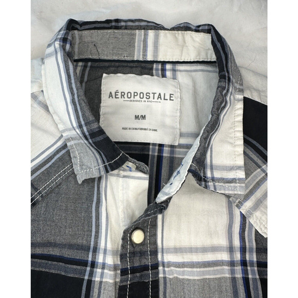 Aeropostale Black/White/Grey Medium Western Plaid Shirt Pearl Snap Long Sleeve - Picture 5 of 12